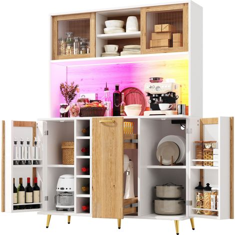 Buffet haut Cuisine,Armoire de cuisine avec éclairage LED,5 portes & Étagères réglables & Tiroir central,Prise intégrée,Blanc