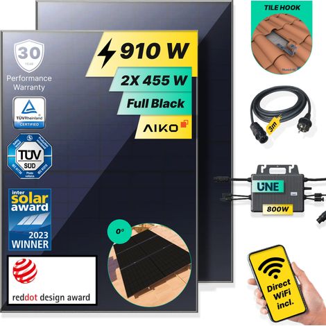 ROBINSUN®️ Kit Solar Enchufable Performance Roof 910Wp, 2 paneles Aiko 455Wp +1 Microinversor 800W con Wifi incluído +Cable 3m +2 Fijaciones Salvateja