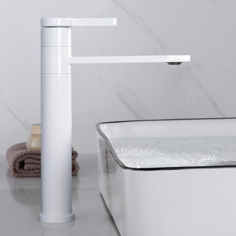 Robinet Lavabo Blanc, Mitigeur Lavabo Haut Rotatif à 360°, Robinet Salle Bain Haut, Réglable Chaud et Froid, 1M6OK-T (1/5)