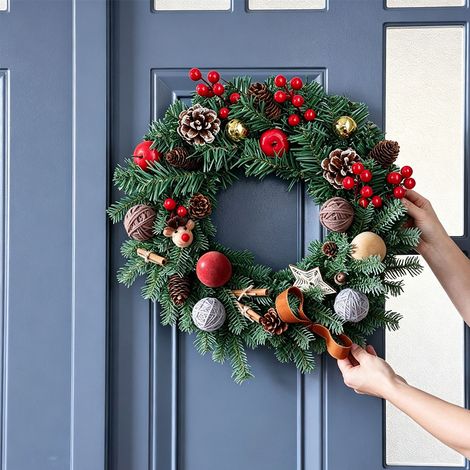 Couronne de Noël décorative pour porte diamètre 35 cm, pommes de pin baies rouges boules dorées, décoration murale et vitrine, vert (1/5)