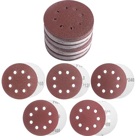 Disque Abrasif 125mm, 50 Pièces Grain 60/120/240/400/800, Disques de Ponçage 8 Trous pour Ponceuse Excentrique Poncer/Polir/Dérouiller, sur Bois Métal Peinture (1/5)