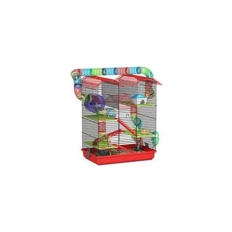 Cage pour hamster souris petit animaux rongeur avec tunnel mangeoire roue jouet 47 x 30 x 59 cm rouge