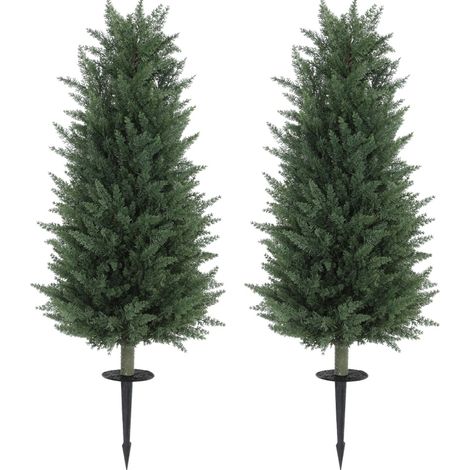 Lot de 2 cyprès artificiels avec piquet de sol 100 cm en plastique vert (1/5)