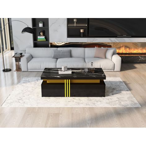 Table basse rectangulaire design, plateau laqué brillant effet marbre, 2 tiroirs en bois, meuble salon moderne, 100x50x40 cm, finition haut de gamme. (1/5)