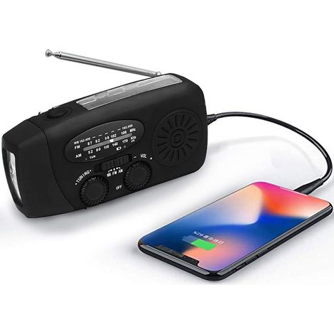 Radio météo solaire d'urgence, auto-alimentée, AM/FM/WB, radio de survie à manivelle, lampe torche LED, batterie externe 2000 mAh (noir) (1/5)