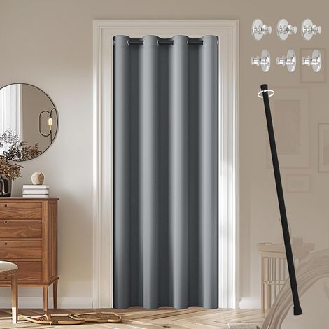 Rideau de Porte Intérieur avec Tringle Extensible,1 Pièce Rideau Occultant avec Bouton Magnétique pour Chambre/Salon/Placard/Porte, Gris (1/5)