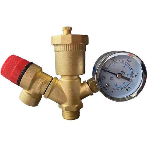 Soupape de sécurité/soupape de décharge de pression en laiton avec manomètre, compatible avec les systèmes de chauffage de chaudières et les chauffe-eau (C). (1/5)
