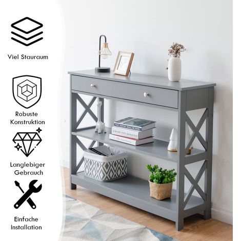 Consolle con cassetto, 3 ripiani, legno, 100x30x80 cm, grigio