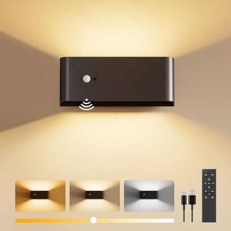 Applique murale à batterie avec détecteur de mouvement pour l'intérieur avec télécommande, applique murale LED sans fil avec batterie rechargeable de 8000 mAh, luminosité réglable, pour chambre (1/5)