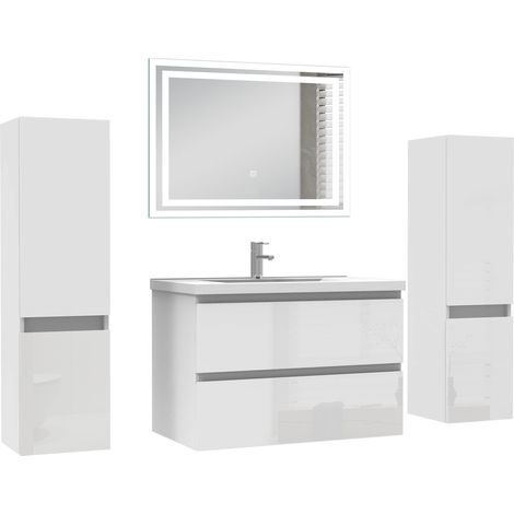 Ocean Ensemble de Meuble salle de bain 79cm avec 2 Tiroirs, miroir led + 2 colonnes 110cm, meuble Blanc Haut Brillant