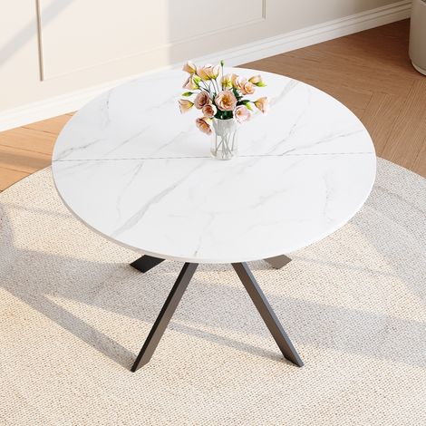 Table à manger ronde avec aspect marbre blanc en MDF – cadre en X noir, diamètre de 110 cm