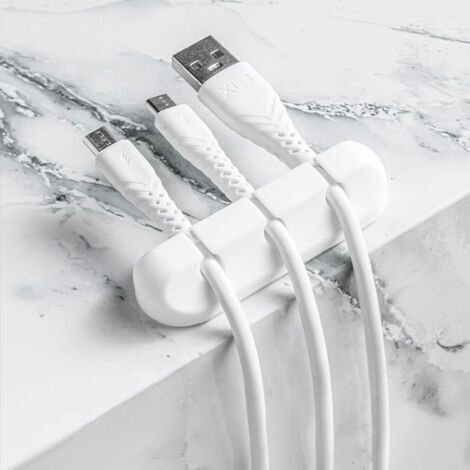 Organiseur de câbles de bureau avec clip - Lot de 5 - Support adhésif en silicone pour chargeur/souris/casque/téléphone - Blanc