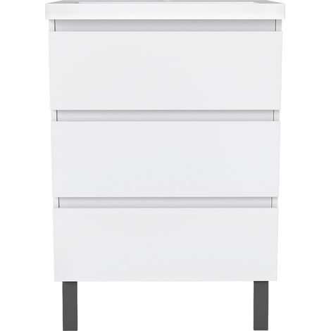 Meuble de salle de bain suspendu 60 cm, 3 tiroirs, MDF blanc, avec vasque – pieds inclus