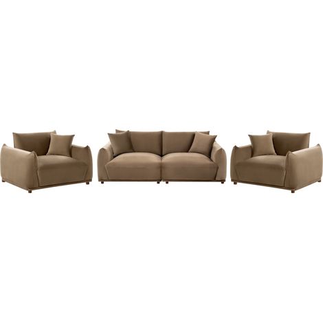Conjunto de sala de estar moderno 5 plazas de terciopelo con cojines decorativos sofá y sillones con patas de madera marrón Jubek