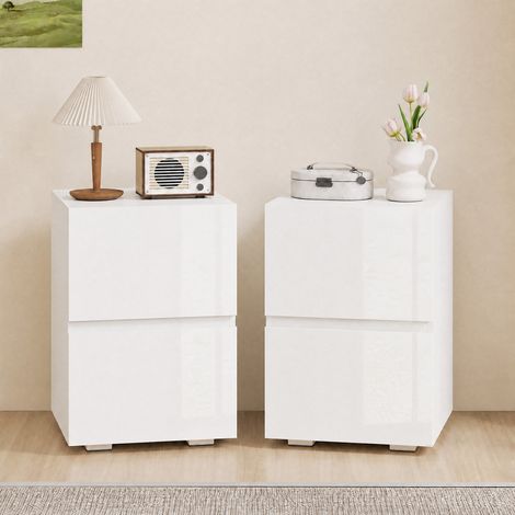 Ensemble moderne de 2 tables de chevet, tables d'appoint étroites avec 2 tiroirs et façades laquées brillantes, blanches (1/5)