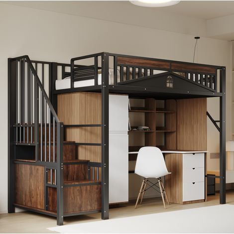 Cama alta moderna 90x200 cm de metal y madera negra, con escalera con almacenaje, armario pequeño, somier de láminas y barandilla de seguridad (1/5)