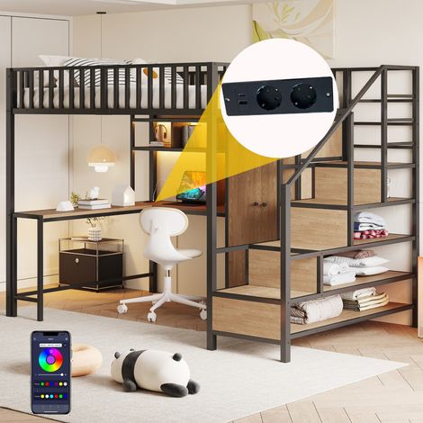 Lit Mezzanine métal 140x200 avec LED et Bureau Port USB, Lit Superposé Enfant 2 Places avec Armoire et Rangements escalier, À monter soi-même, Noir (1/5)