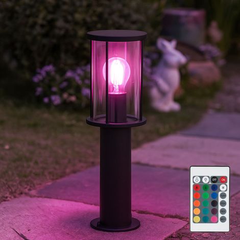 Stehlampe Garten Sockelleuchte Wegeleuchte Außenlampe, Fernbedienung dimmbar Farbwechsler IP54, Glasschirm rauch Edelstahl matt, 1x LED 8,5W 806Lm warmweiß, DxH 14,3x45 cm