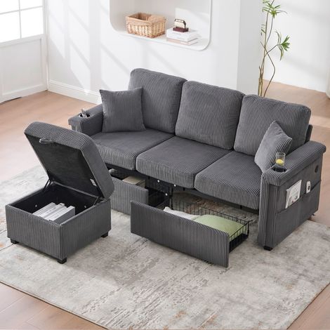 Canapé velours haut de gamme avec éclairage LED, port USB-C, repose-pieds rangement, gris foncé 194x73x81cm (1/5)