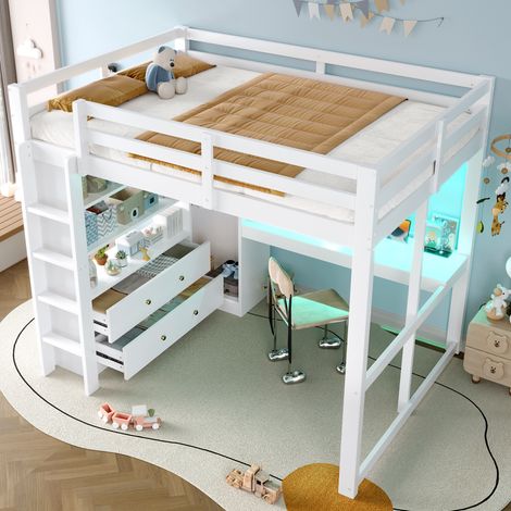 Lit mezzanine 140x200 avec 2 tiroirs et étagères, bureau sous le lit, éclairage LED et port USB, blanc (1/4)