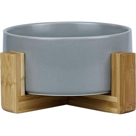 Comederos grises para perros y gatos, cuencos de cerámica con soporte de bambú - Aptos para lavavajillas y fáciles de limpiar.