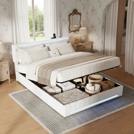 Letto contenitore 140x200 con rete a doghe, illuminazione LED, 2 porte USB e 1 Type-C, letto matrimoniale per adulti con testiera regolabile, tessuto in lino, stile scandinavo, Beige (1/5)