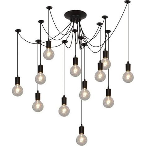 Lustre Suspension Araignee Design Industriel, Rétro Douille E27 Têtes Éclairage Lumières Plafonniers sans Ampoule Noir, DIY Corde Ajustable - 2.0m Fil, 12 bras (1/5)