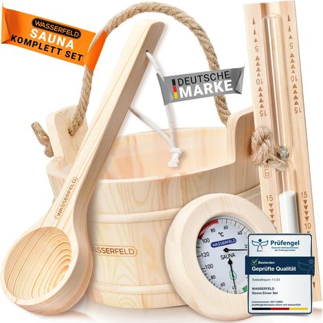 Seau de sauna (4 litres) – Seau de sauna avec truelle, sablier, thermomètre et hygromètre – Seau de sauna résistant à la chaleur de 4 l avec insert et corde de (1/5)