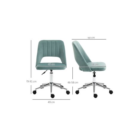 Chaise de bureau verte en velours avec hauteur réglable, assise pivotante et ergonomique sans accoudoirs pour chambre et bureau (1/5)