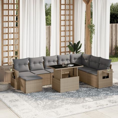 Ensemble Salon Jardin 9 Places Résine Tressée Beige avec Coussins Gris, Table Réglable et Mobilier Modulaire Extérieur (1/5)