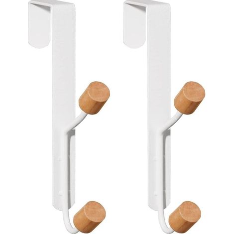 Crochets de porte, lot de 2, robustes, en métal et bois, porte-manteau pour manteaux, chapeaux, peignoirs, serviettes, porte-manteau de chambre, blanc (1/5)