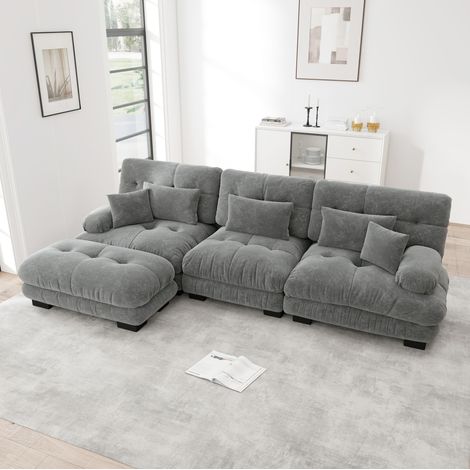 Sofá esquinero modular de chenilla gris, forma de L con otomana, 313 x 145 x 81 cm DESVIAE (1/5)