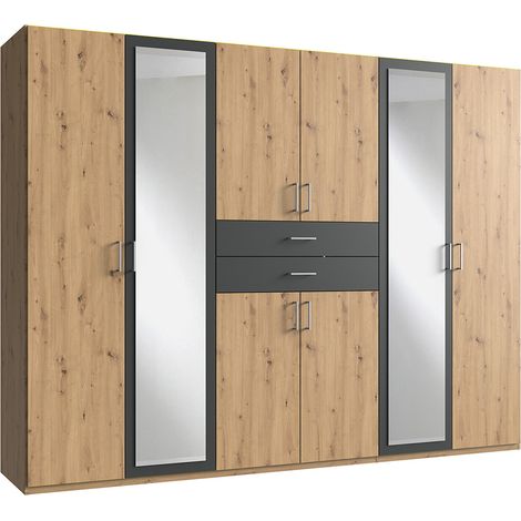 Armoire Placard, meuble de rangement avec 2 miroirs coloris Imitation chêne artisan, rechampis graphite - Longueur 270 x Hauteur 208 x Profondeur 58 cm (1/3)