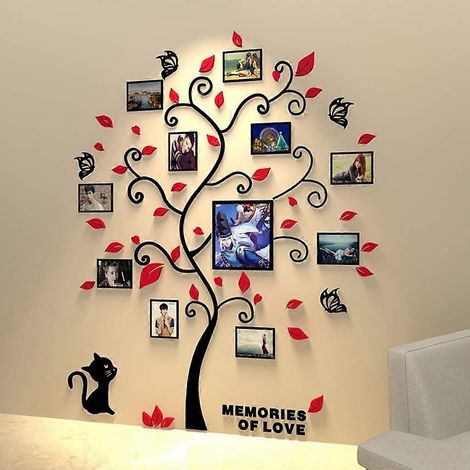 Stickers muraux 3D Arbre en acrylique amovibles 132 x 160 cm avec 11 cadres photo, feuilles rouges (1/5)
