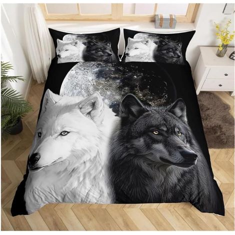 Housse de Couette Motif Loup Noir 3D Animaux Imprimé Parure de Lit en Microfibre Adulte Parure Housse Couette 220x240cm - GM7 (1/4)