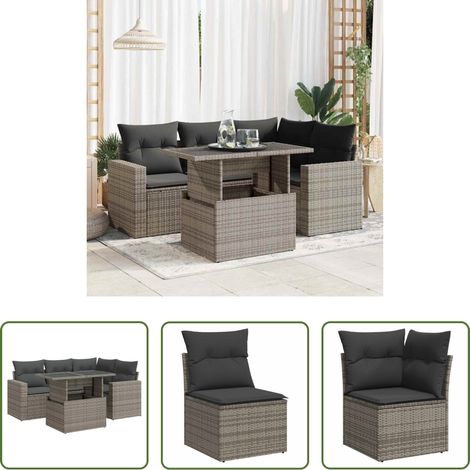 vidaXL Freisitzmöbel - 5-tlg. Garten-Sofagarnitur mit Kissen Grau Poly Rattan (1/5)