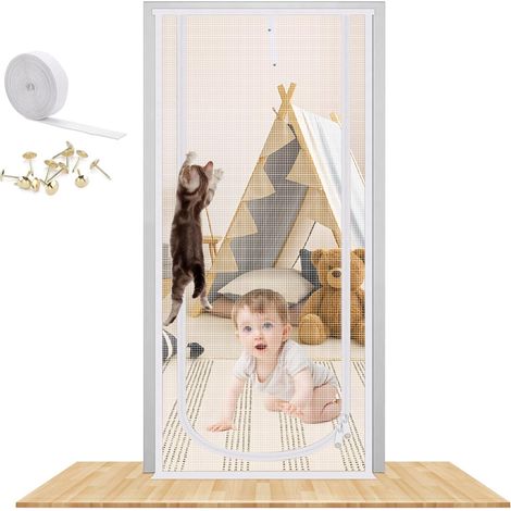 Extra hohes, verstärktes Katzen-Moskitonetz mit beidseitigem Reißverschluss, strapazierfähig, für Wohnzimmer, Küche, Schlafzimmer, 90 x 210 cm, Weiß