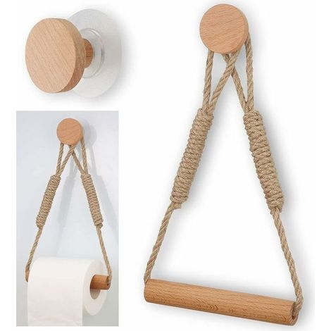 Porte Papier Toilette Bois Auto-adhésif, Support Papier Toilette sans Perçage, Porte-Rouleau de Papier Toilette Vintage avec Corde de Chanvre pour la Cuisine, la Salle de Bain et Les To (1/5)