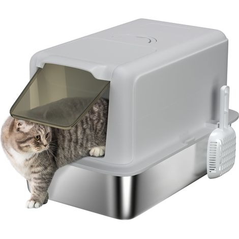 Geschlossene Katzentoilette mit Edelstahlschale, Schaufel und Filtern, 40,5 x 60,5 x 41,5 cm, Grau und Silber