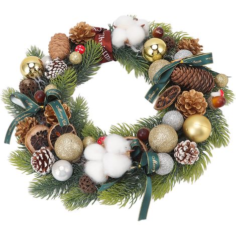 Couronne de pommes de pin de Noël avec boules de coton, guirlande à suspendre à la porte d'entrée pour la décoration de la maison, verte (1/5)