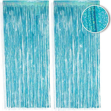 2 pièces Rideau en franges, 1x2,5m, Bleu clair, Lametta métallique, Décoration fête, Nouvel An (1/5)