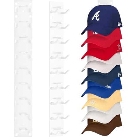 Lot de 2 supports muraux pour casquettes et chapeaux Support mural stable Étagère arrière pratique avec crochets Organisateur de casquettes pour casquettes Type Blanc (1/5)