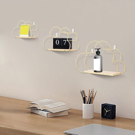 Lot de 3 doré étagères de rangement murales flottantes en forme de nuage pour le rangement dans la chambre à coucher, la salle de bain et le salon (1/5)
