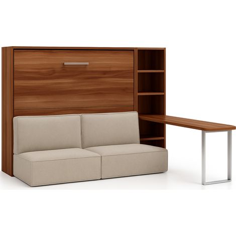 Lit escamotable horizontal LOGIA Beige lit+canapé+étagère+bureau-160x200-Canapé Beige-Structure Noyer-Version lit+canapé+étagère+bureau (1/5)