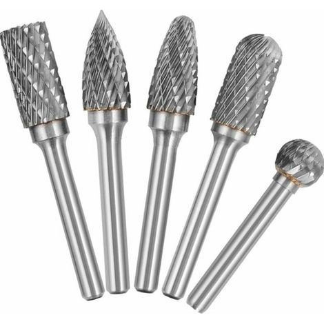 5-teiliges Set aus 6-mm-Schaft-, 10-mm-Kopf-, Wolframkarbid-Doppelschnitt-Rotationsfräsern für Holzbearbeitung, Gravieren, Schleifen und Schnitzen. (1/4)