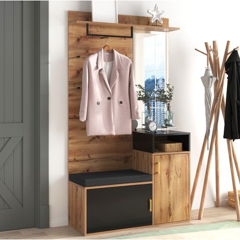 Mueble de entrada con espejo, banco, zapatero y perchero, negro y madera DESVIAE (1/5)