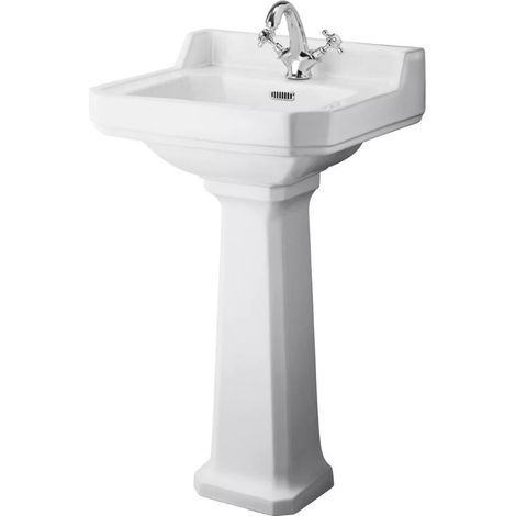 Milano Richmond White Ceramic Bathroom Cloakroom Basin Sink with Full Pedestal and One Tap Hole - 500mm x 350mm (1/2)
