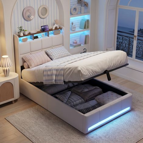 Lit Coffre 90x200 cm lin Beige avec LED et ports USB/Type-C - lit simple avec rangement, tête de lit avec rangement - scandinave (1/5)