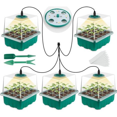 Lot de 5 plateaux de démarrage pour semences avec lumière de croissance des plantes et dôme d'humidité pour germination de serre (1/4)