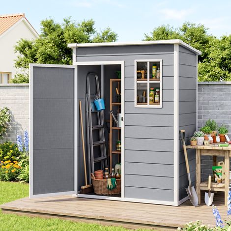 Abri de jardin en plastique, 1,14 m², 151 x 92 x 193 cm, avec toit monopente, plancher et fenêtre, gris (1/5)